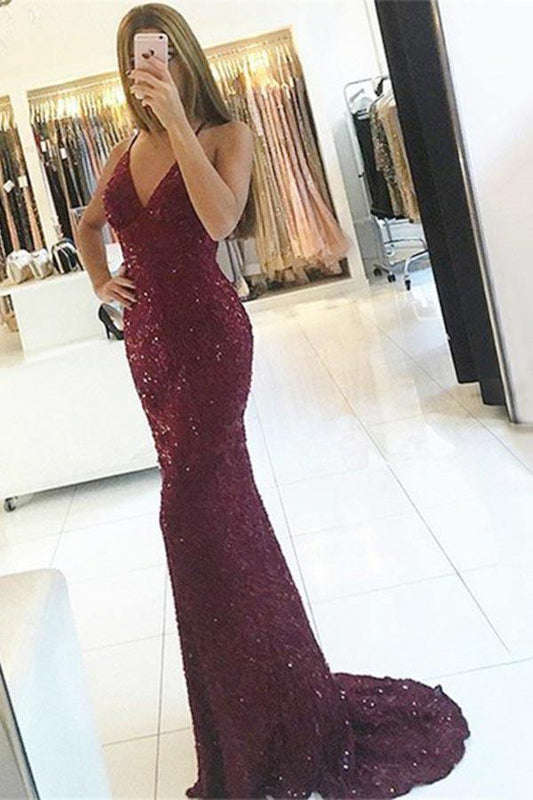 Sheath Mermaid Spaghetti Straps Backless Burgundy Lace Prom Dress with Sequins