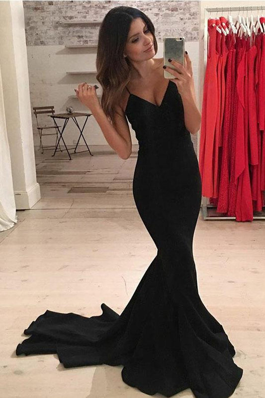 Sheath Mermaid Spaghetti Straps V Neck Sweep Brush Train Satin Prom Dress