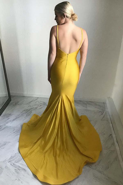 Sheath Mermaid Spaghetti Straps V Neck Sweep Train Dress Ruched Yellow Satin Prom Dress