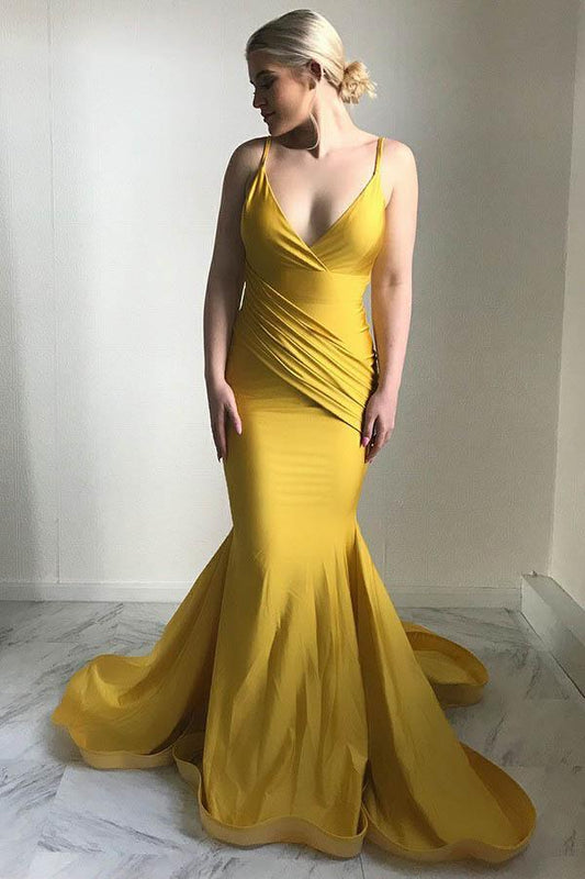 Sheath Mermaid Spaghetti Straps V Neck Sweep Train Dress Ruched Yellow Satin Prom Dress
