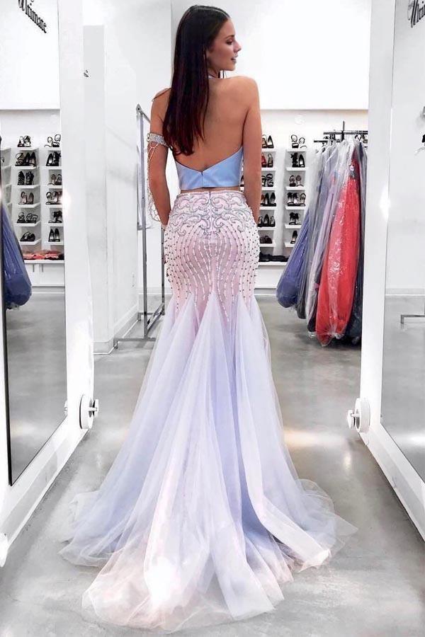 Sheath Mermaid Two Pieces Evening Dress Sweep/Brush Train Dresses Beading Sky Blue Long Prom Dress