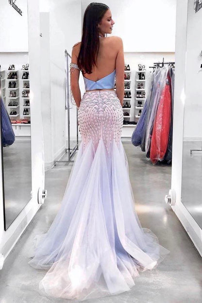 Sheath Mermaid Two Pieces Evening Dress Sweep/Brush Train Dresses Beading Sky Blue Long Prom Dress