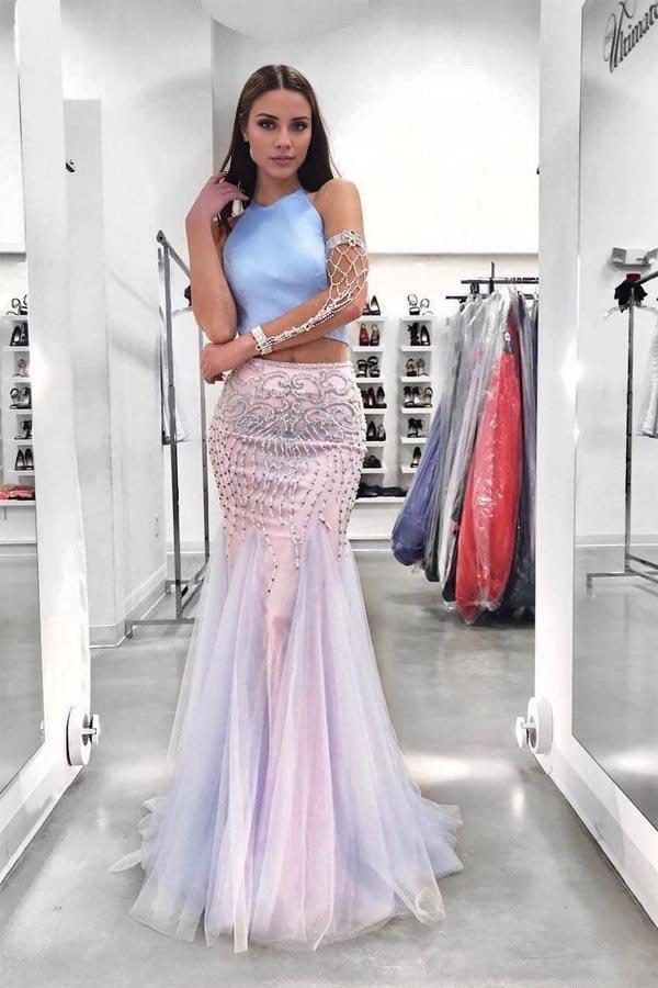 Sheath Mermaid Two Pieces Evening Dress Sweep/Brush Train Dresses Beading Sky Blue Long Prom Dress
