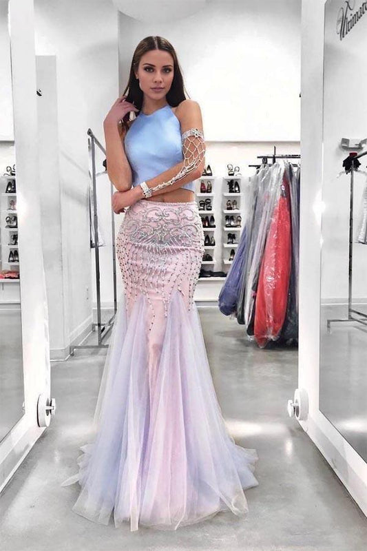 Sheath Mermaid Two Pieces Evening Dress Sweep/Brush Train Dresses Beading Sky Blue Long Prom Dress