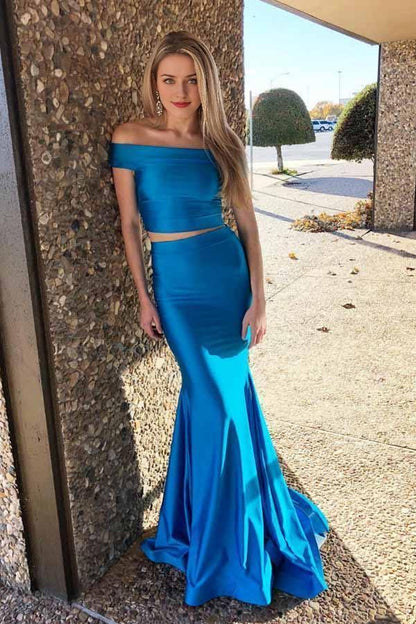 Sheath Mermaid Two Pieces Satin Sweep/Brush Train Dresses Off The Shoulder Prom Dress