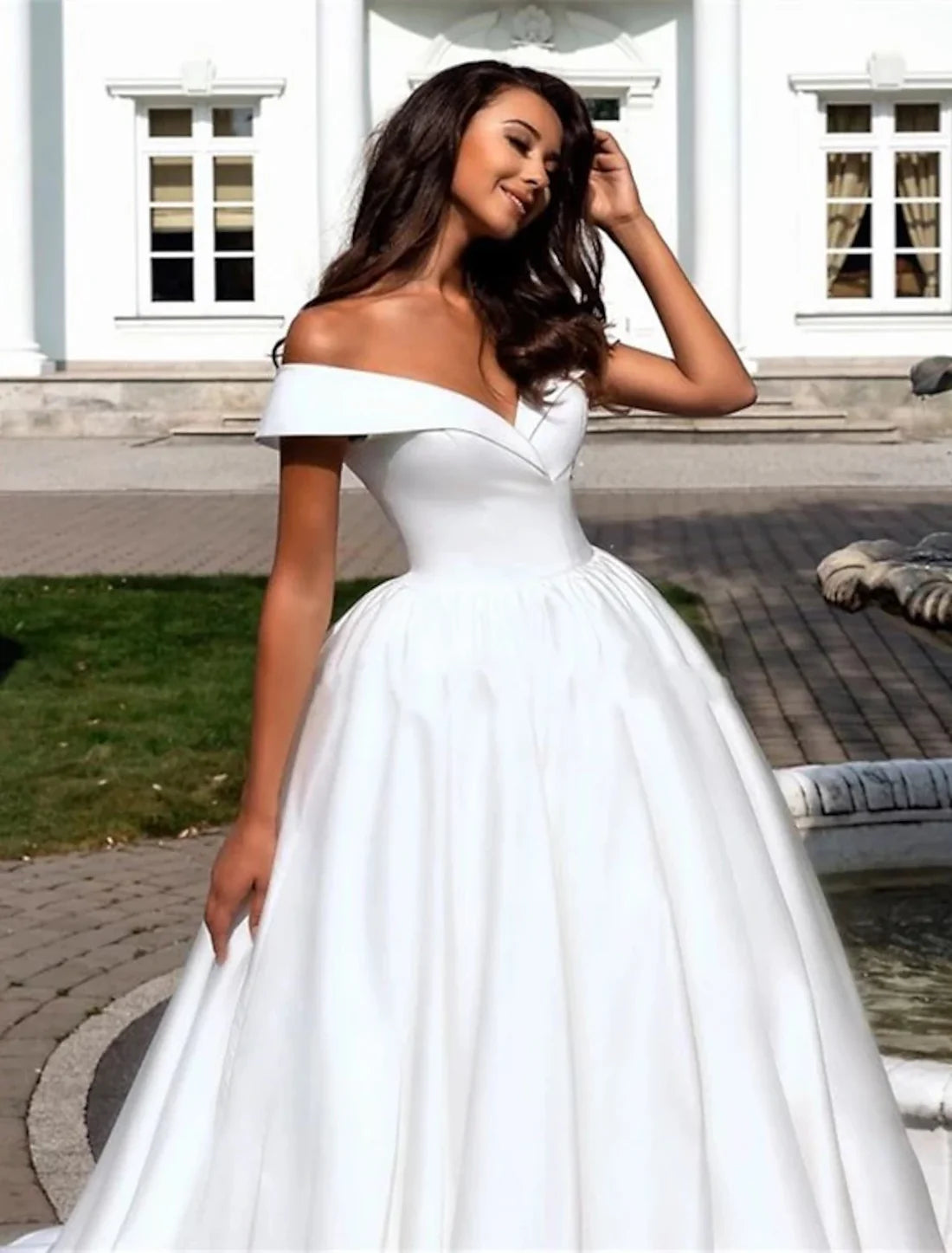 Formal Wedding Dresses Bridal Dresses Ball Gown Off Shoulder Cap Sleeve Chapel Train Satin Bridal Gowns With Pleats