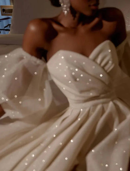 Beach Sparkle & Shine Wedding Dresses A-Line Off Shoulder Short Sleeve Floor Length Sequined Bridal Gowns With Split