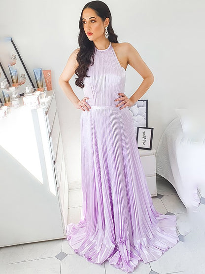 A-Line/Princess Sweep/Brush Train Halter Silk like Satin Sleeveless Ruched Dresses