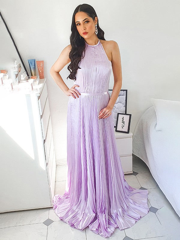 A-Line/Princess Sweep/Brush Train Halter Silk like Satin Sleeveless Ruched Dresses