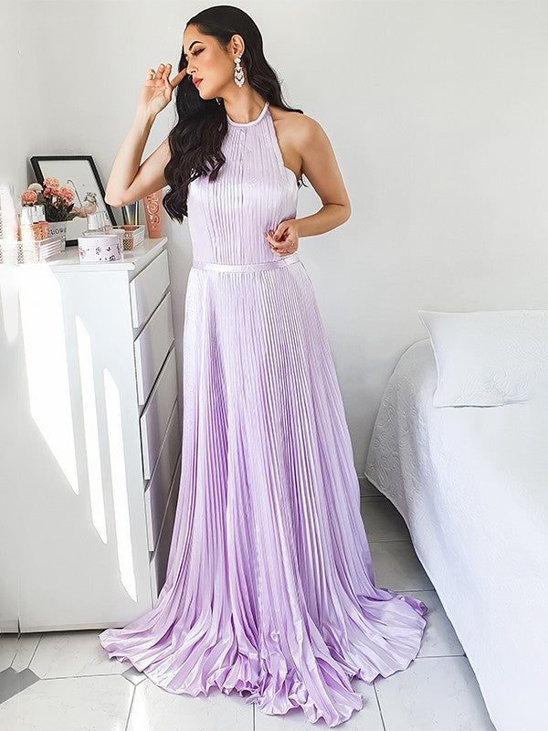 A-Line/Princess Sweep/Brush Train Halter Silk like Satin Sleeveless Ruched Dresses