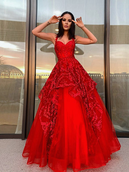 A-Line/Princess Party Dresses Formal Dresses Straps Tulle Sleeveless Floor-Length Applique Dresses