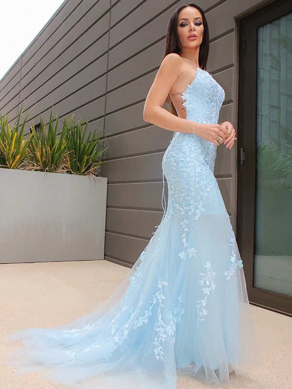 Trumpet/Mermaid Halter Sleeveless Lace Tulle Court Train Train Dresses Party Dresses Formal Dresses