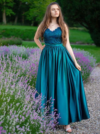 A-Line Spaghetti Straps Sleeveless Floor-Length With Lace Silk like Satin Party Dresses Formal Dresses