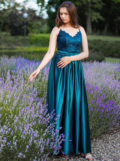 A-Line Spaghetti Straps Sleeveless Floor-Length With Lace Silk like Satin Party Dresses Formal Dresses