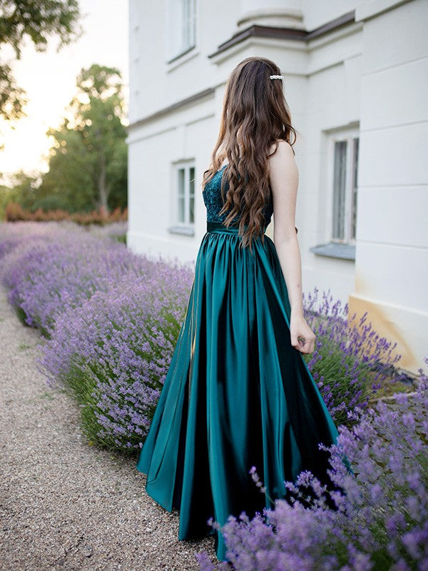 A-Line Spaghetti Straps Sleeveless Floor-Length With Lace Silk like Satin Party Dresses Formal Dresses