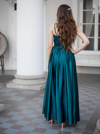 A-Line Spaghetti Straps Sleeveless Floor-Length With Lace Silk like Satin Party Dresses Formal Dresses