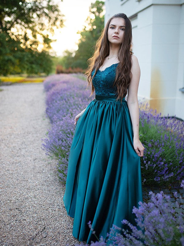 A-Line Spaghetti Straps Sleeveless Floor-Length With Lace Silk like Satin Party Dresses Formal Dresses