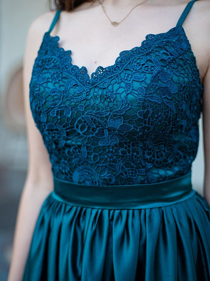 A-Line Spaghetti Straps Sleeveless Floor-Length With Lace Silk like Satin Party Dresses Formal Dresses