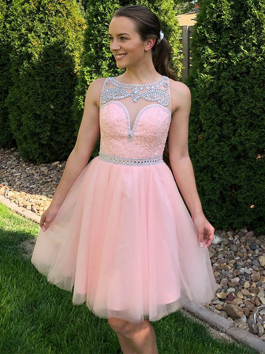 A-Line/Princess Sleeveless Scoop Beading Short/Mini Tulle Homecoming Dresses