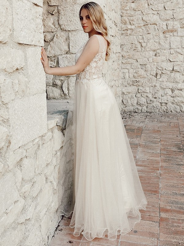 A-Line/Princess Sleeveless Applique Tulle V-neck Floor-Length Party Dresses Formal Dresses