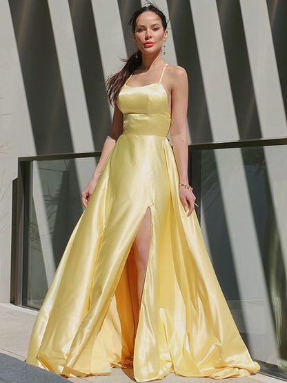 A-Line/Princess Spaghetti Straps Woven Satin Sleeveless Ruffles Sweep/Brush Train Dresses Party Dresses Formal Dresses