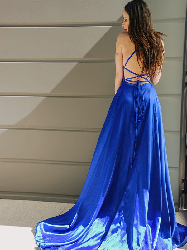 A-Line/Princess Spaghetti Straps Woven Satin Sleeveless Ruffles Sweep/Brush Train Dresses Party Dresses Formal Dresses