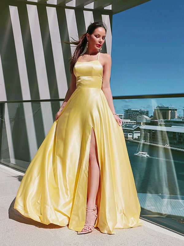 A-Line/Princess Spaghetti Straps Woven Satin Sleeveless Ruffles Sweep/Brush Train Dresses Party Dresses Formal Dresses