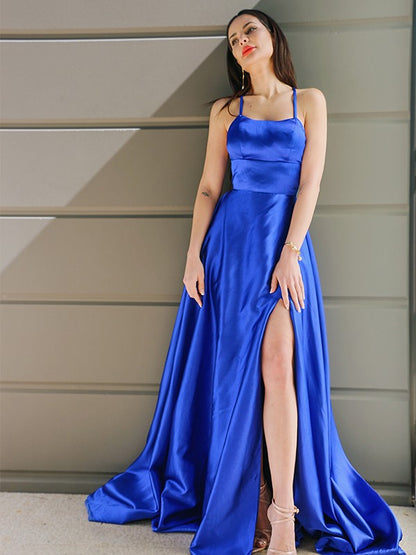 A-Line/Princess Spaghetti Straps Woven Satin Sleeveless Ruffles Sweep/Brush Train Dresses Party Dresses Formal Dresses