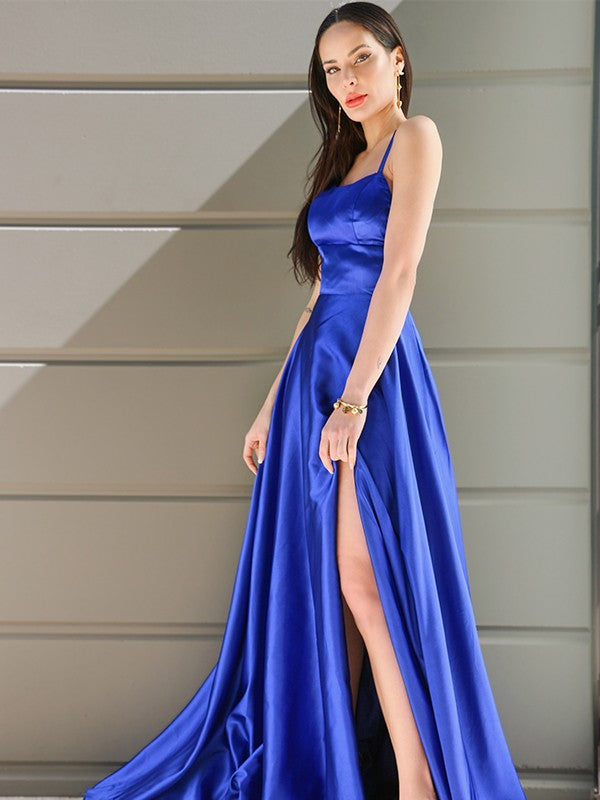 A-Line/Princess Spaghetti Straps Woven Satin Sleeveless Ruffles Sweep/Brush Train Dresses Party Dresses Formal Dresses