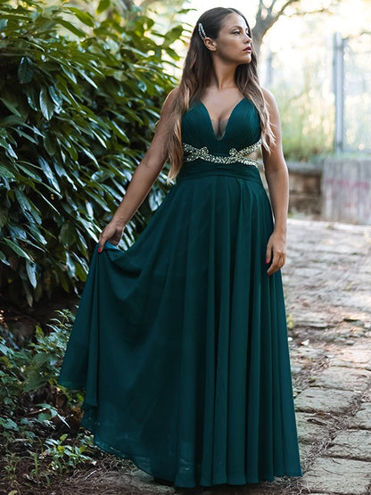 A-Line/Princess Chiffon Beading V-neck Sleeveless Floor-Length Party Dresses Formal Dresses