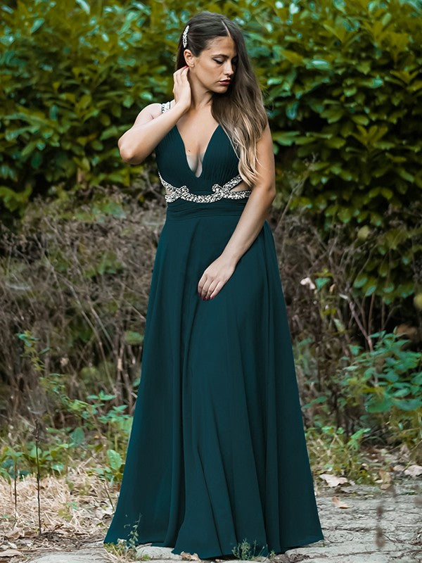 A-Line/Princess Chiffon Beading V-neck Sleeveless Floor-Length Party Dresses Formal Dresses