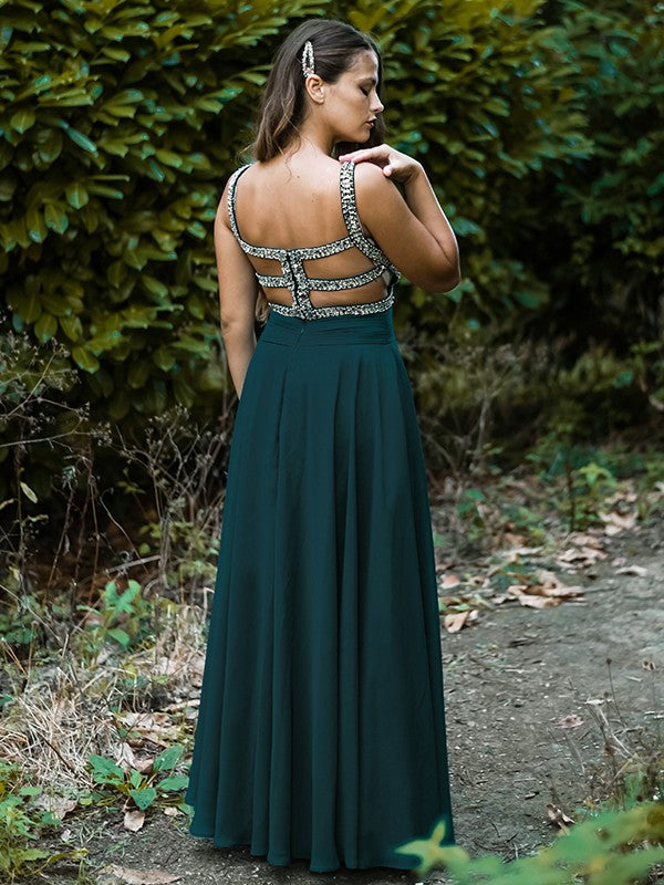 A-Line/Princess Chiffon Beading V-neck Sleeveless Floor-Length Party Dresses Formal Dresses