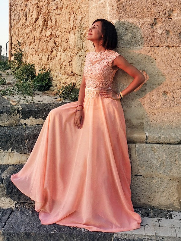 A-Line/Princess Applique Scoop Chiffon Sleeveless Floor-Length Party Dresses Formal Dresses