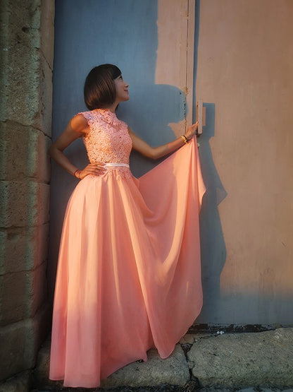 A-Line/Princess Applique Scoop Chiffon Sleeveless Floor-Length Party Dresses Formal Dresses