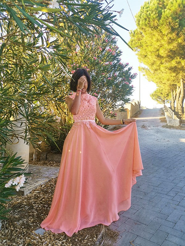 A-Line/Princess Applique Scoop Chiffon Sleeveless Floor-Length Party Dresses Formal Dresses