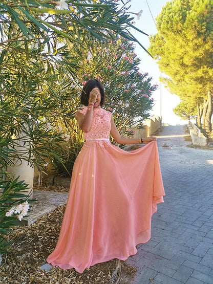 A-Line/Princess Applique Scoop Chiffon Sleeveless Floor-Length Party Dresses Formal Dresses