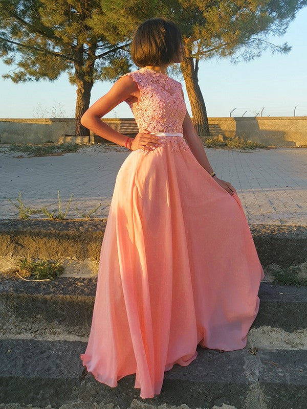 A-Line/Princess Applique Scoop Chiffon Sleeveless Floor-Length Party Dresses Formal Dresses