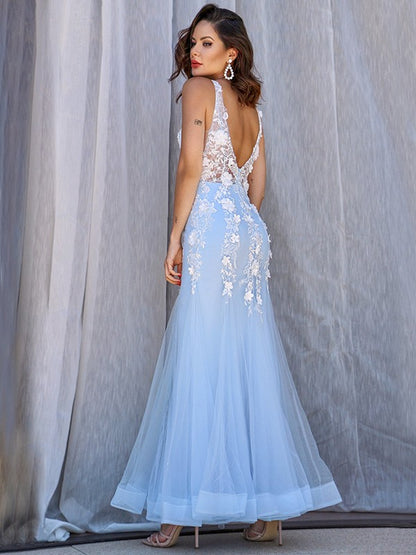 Trumpet/Mermaid Tulle V-neck Sleeveless Applique Floor-Length Dresses Party Dresses Formal Dresses