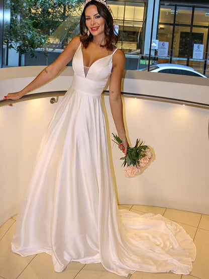 A-Line Woven Satin Spaghetti Straps Ruffles Sleeveless Sweep/Brush Train Dress