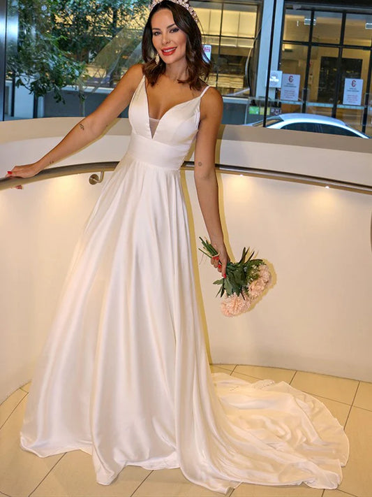 A-Line Woven Satin Spaghetti Straps Ruffles Sleeveless Sweep/Brush Train Dress