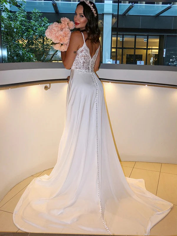 A-Line Woven Satin Spaghetti Straps Ruffles Sleeveless Sweep/Brush Train Dress