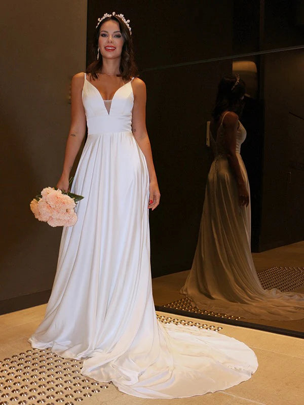 A-Line Woven Satin Spaghetti Straps Ruffles Sleeveless Sweep/Brush Train Dress