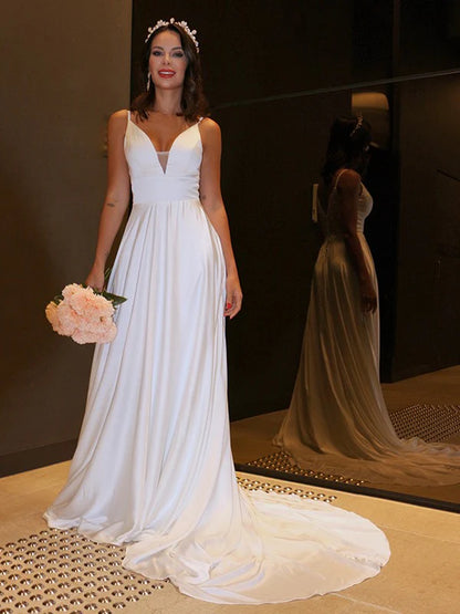 A-Line Woven Satin Spaghetti Straps Ruffles Sleeveless Sweep/Brush Train Dress