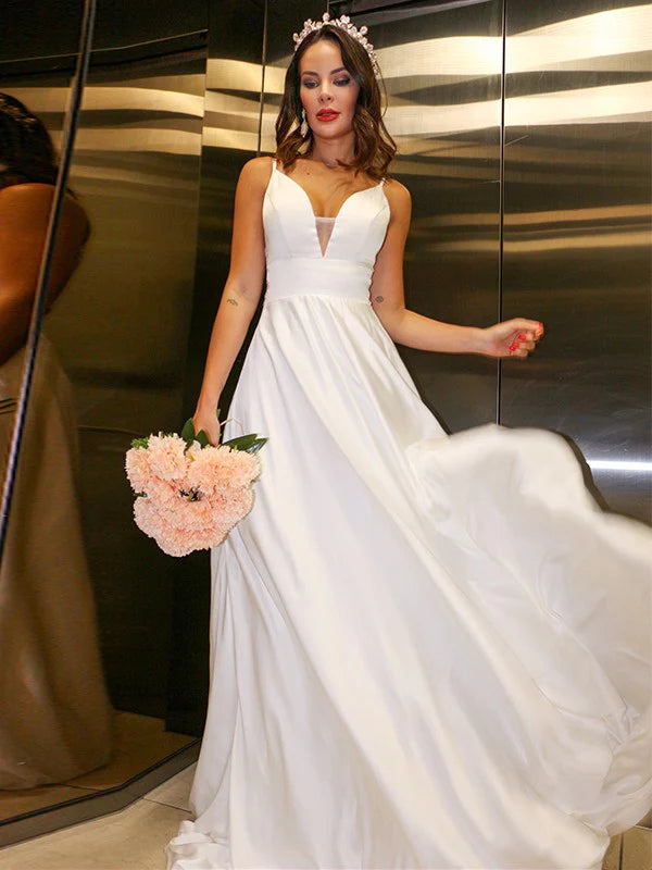 A-Line Woven Satin Spaghetti Straps Ruffles Sleeveless Sweep/Brush Train Dress