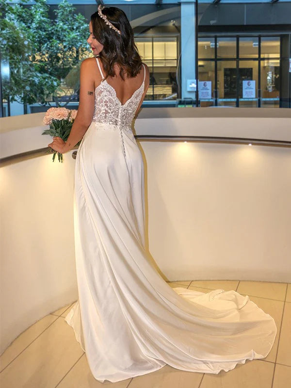 A-Line Woven Satin Spaghetti Straps Ruffles Sleeveless Sweep/Brush Train Dress