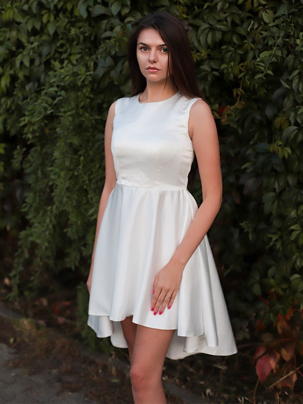 A-Line/Princess Satin Ruffles Jewel Sleeveless Short/Mini Homecoming Dresses