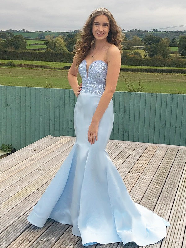 Trumpet/Mermaid Satin Beading Sweetheart Sleeveless Sweep/Brush Train Dresses