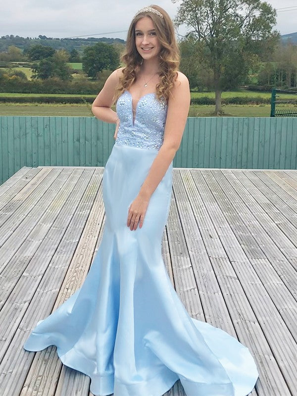 Trumpet/Mermaid Satin Beading Sweetheart Sleeveless Sweep/Brush Train Dresses