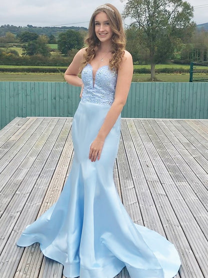 Trumpet/Mermaid Satin Beading Sweetheart Sleeveless Sweep/Brush Train Dresses