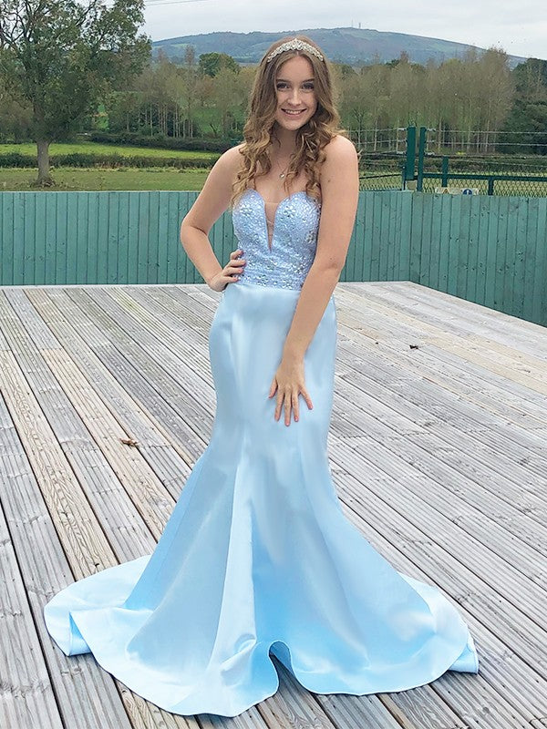 Trumpet/Mermaid Satin Beading Sweetheart Sleeveless Sweep/Brush Train Dresses